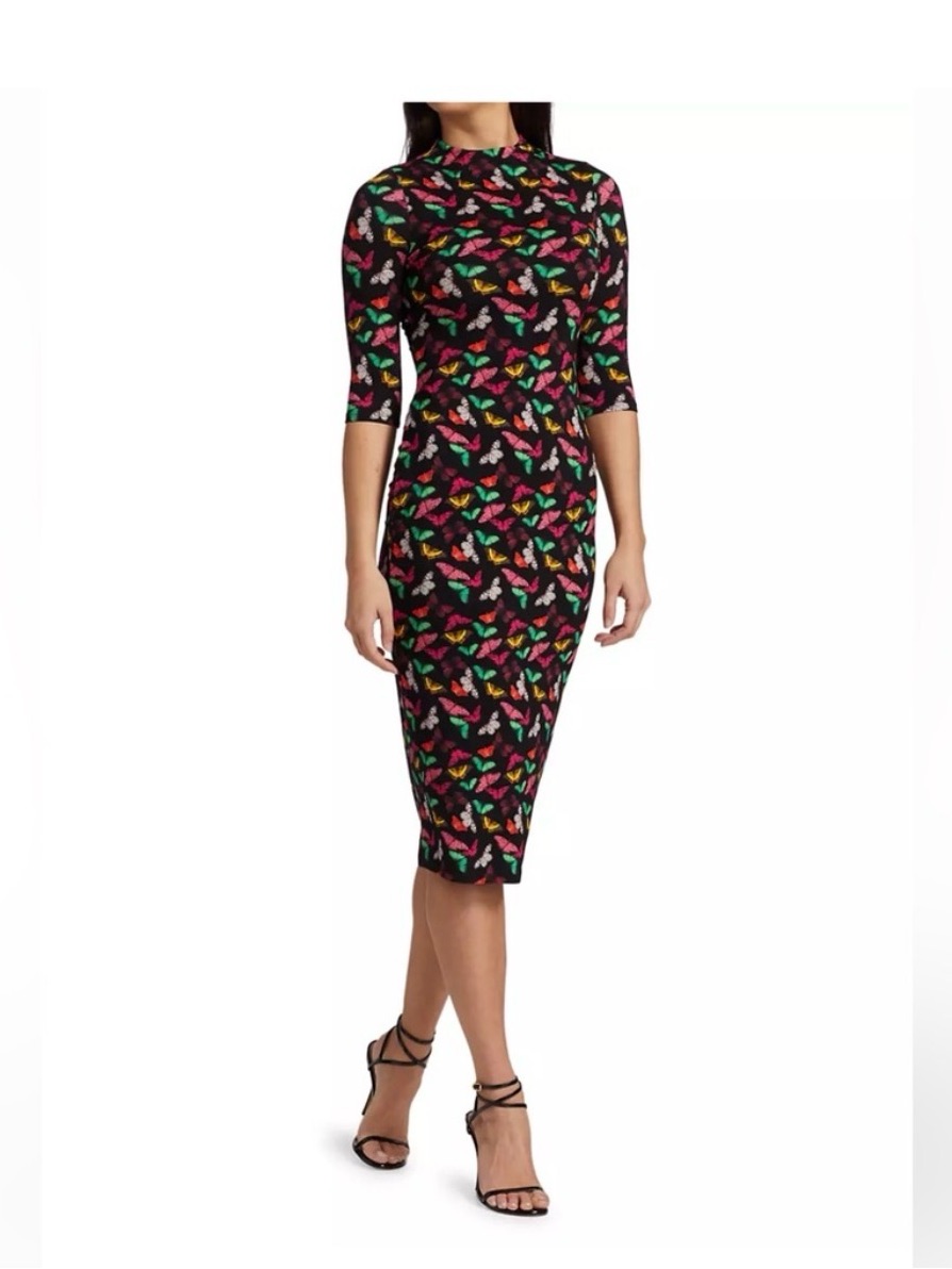Alice + Olivia Delora Butterfly Print Sheath Midi 3/4 Sleeve Dress - Size 8